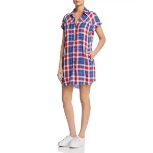 Billy T Shirt Dress Plaid Red Blue Button Down Fray Pockets Lyocell Womens Small